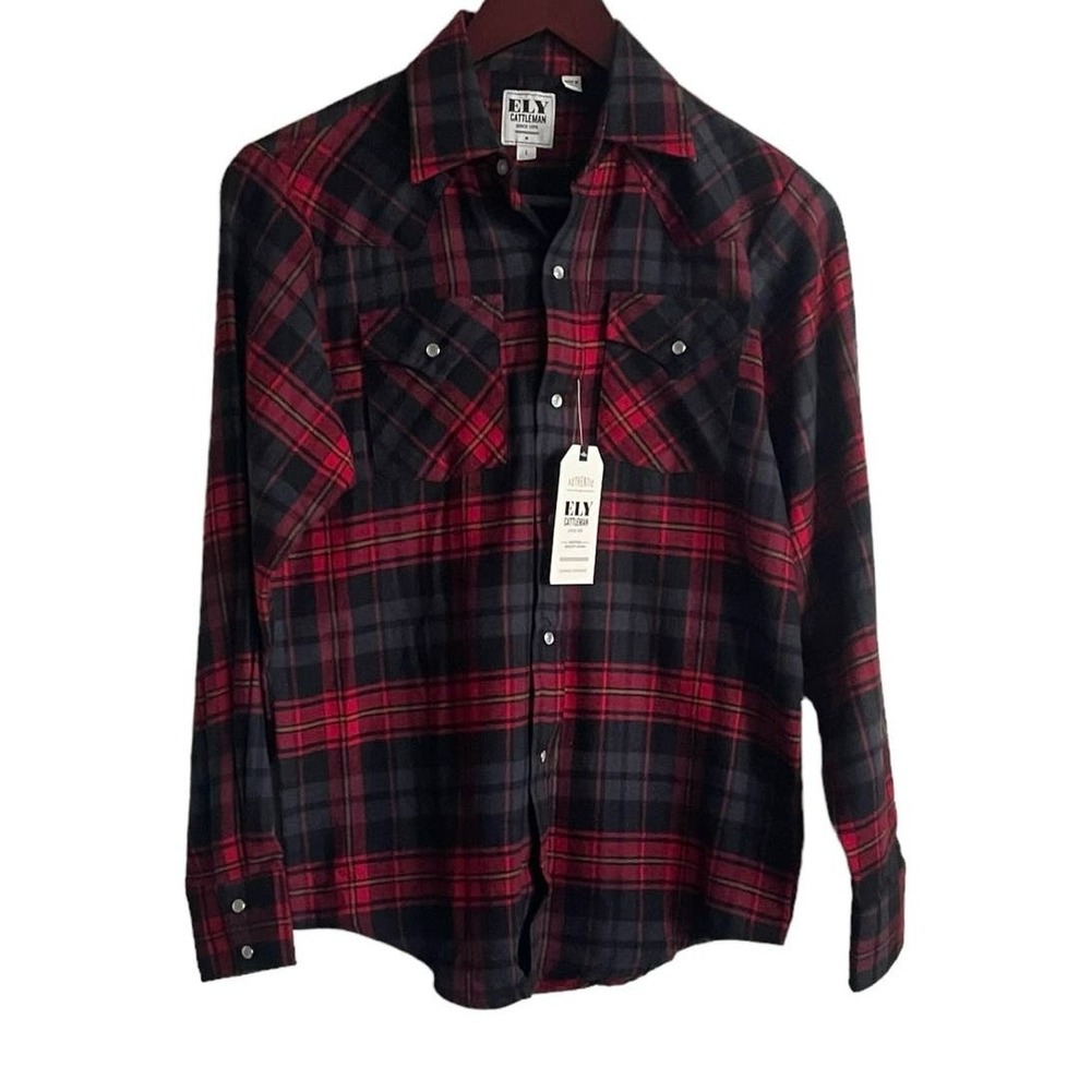 Ely Cattleman Women Western Plaid Flannel Top L Red Black Buffalo Check Snap